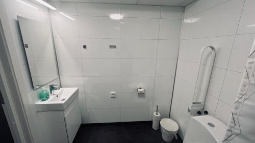 TimråRentalux Apartment Rooms的白色的浴室设有水槽和卫生间。