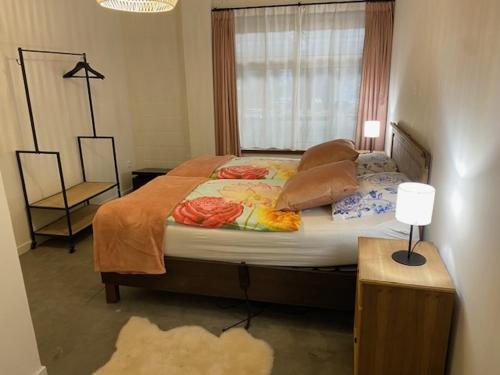 金洛伊Vakantiewoning Het Wielje Maasland的卧室配有带枕头的大床和窗户。