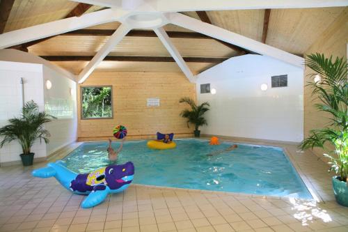奥雷龙圣乔治Olydea Oleron les Sables Vignier的室内大型游泳池,室内有可充气的鲨鱼