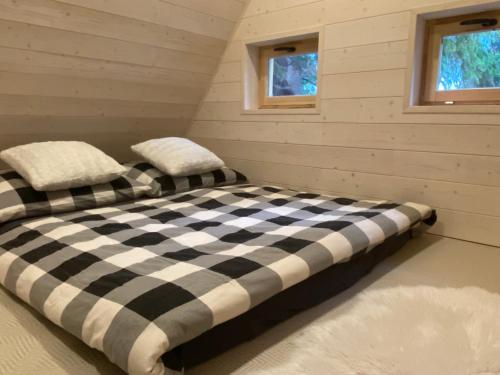 泽勒兹纳·鲁达Camping Železná Ruda的配有2扇窗户的客房内的黑白床