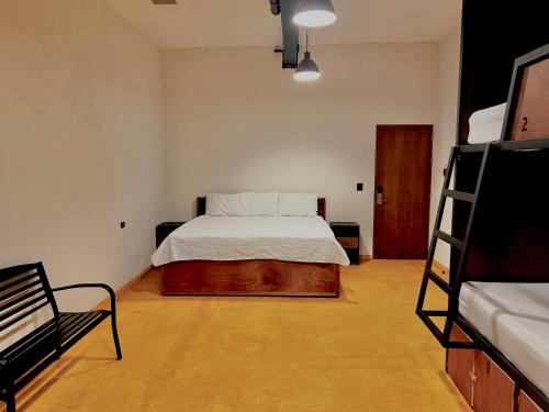 坎昆Caleta Hostel Rooftop & Pool的一间卧室设有一张床和梯子