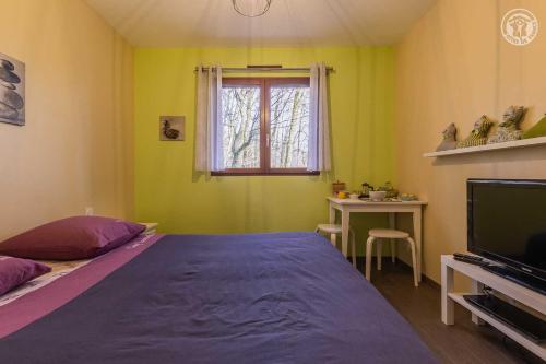 BassensA l'oree des monts的一间卧室配有一张大床和电视