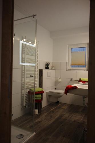 BodneggFerienhof Stärk的带淋浴、盥洗盆和卫生间的浴室