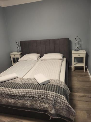 凯夫拉维克Guesthouse Maximilian的一间卧室配有一张大床和两张桌子