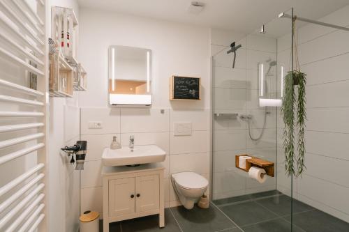 拜罗伊特Modernes 2-Zimmer Themen-Apartment "Heimathafen" im Zentrum的一间带水槽、卫生间和淋浴的浴室