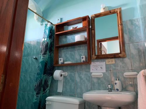 圣克里斯托瓦尔Casa Verde Vacation Garden Home的一间带卫生间、水槽和镜子的浴室