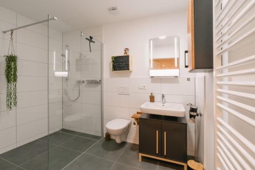 拜罗伊特Modernes 2-Zimmer Themen-Apartment "Frankenwald" im Zentrum的浴室配有卫生间、盥洗盆和淋浴。