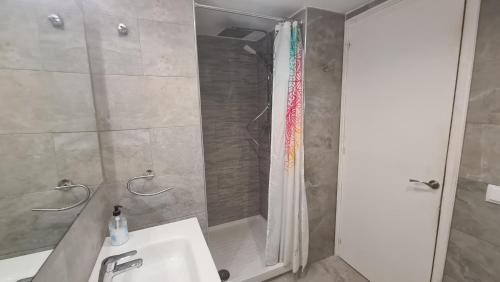 艾姆布里亚布拉瓦Apartamento Bahia III的带淋浴、盥洗盆和浴缸的浴室