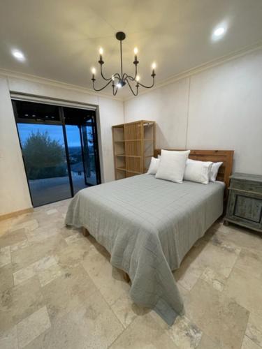 阿德莱德LIAPIS ESTATE Rostrevor Adelaide的一间卧室配有一张大床和一个吊灯。