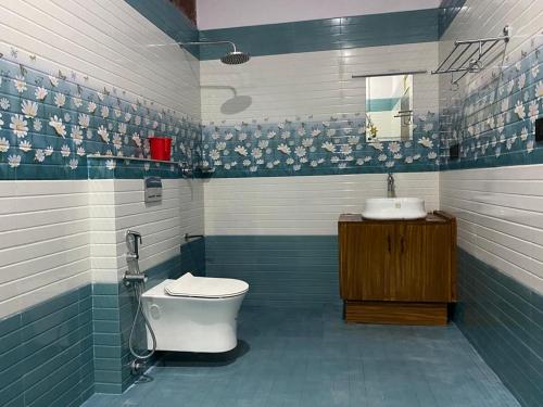 瓦加蒙Earth Lounge Resort的蓝色和白色的浴室设有卫生间和水槽