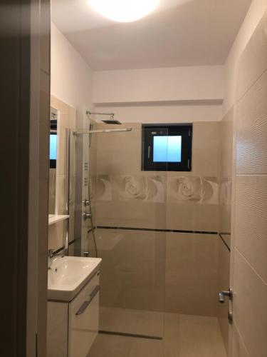 克拉约瓦Apartament cu 3 camere Rovine的带淋浴和盥洗盆的浴室