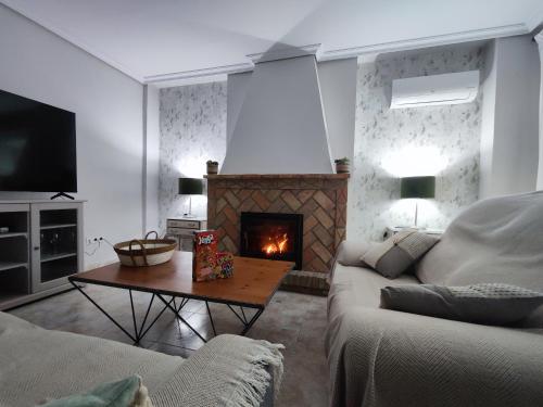 科尔多瓦Los Cipreses的带沙发和壁炉的客厅