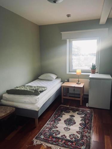 马尔默Cilla och Smillas AB的一间卧室设有床、窗户和地毯。
