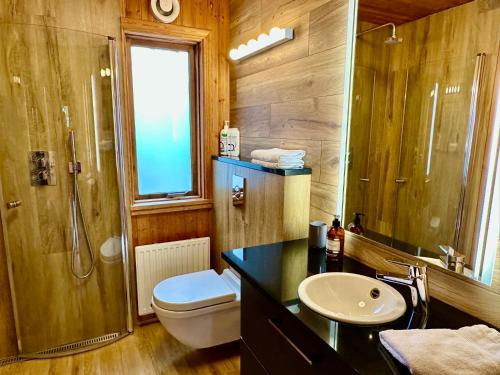 博尔加内斯Bakki and Holt的浴室配有卫生间、盥洗盆和淋浴。