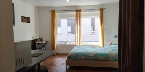 布尔堡STUDIO-COSY的一间卧室配有一张床、一张书桌和一个窗户。