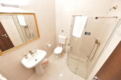 克拉约瓦Hotel Restaurant Casa Cu Tei Craiova的带淋浴、盥洗盆和卫生间的浴室