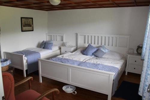 木楞巴赫Ferien auf der Fleischdielte的一间卧室配有两张床和椅子