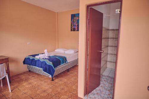 圣佩德罗拉拉古纳Amigos的一间带一张床和淋浴的小卧室