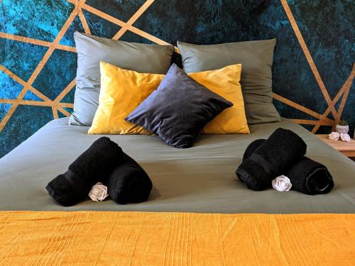 圣吉欧梅斯Cosy Paris的一张带四个黑色枕头的床