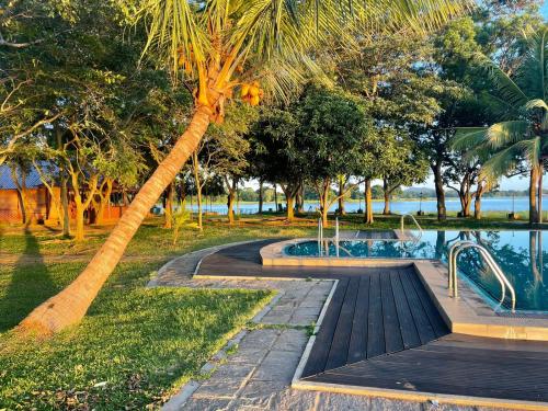 波隆纳鲁沃Hotel Lake Park的棕榈树公园内的游泳池