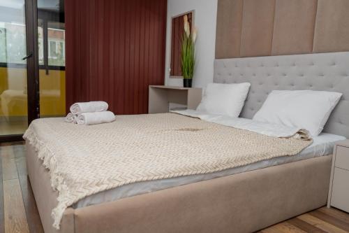 大特尔诺沃Апартамент България的一间卧室配有一张大床和大床头板
