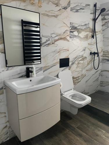 彼得罗沙尼OZONE的浴室配有白色水槽和卫生间。