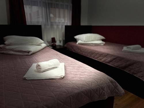 瓦特拉多尔内Casa Lupascu的客房内的两张床和毛巾