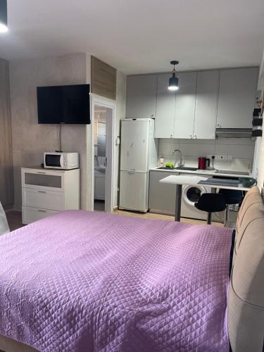 利马索尔White Arches Modern Beautiful studio的一间带紫色床的卧室和一间厨房