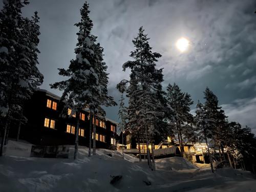SkjåkPollfoss Hotell的雪中与天空中的月亮相隔的建筑