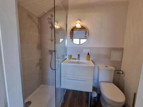 LathuilleAppartement 4 personnes Lac d'Annecy的浴室配有卫生间、盥洗盆和淋浴。