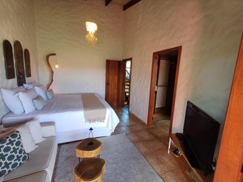 戈亚斯州上帕莱索Le Jardim的一间卧室配有一张床、一张沙发和一台电视。