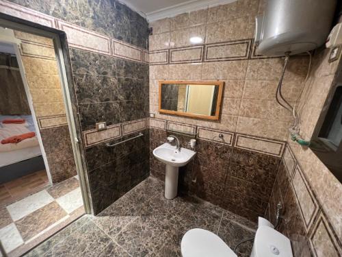 开罗NEAR THE PYRAMIDS Inn的一间带水槽、卫生间和镜子的浴室