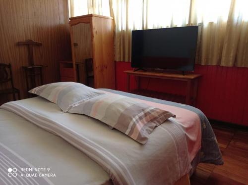 塔尔马Hospedaje Colonial Tarmeño.的配有枕头的床和平面电视