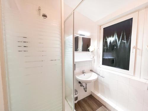 美因河畔法兰克福西部城市酒店的一间带水槽和玻璃淋浴的浴室