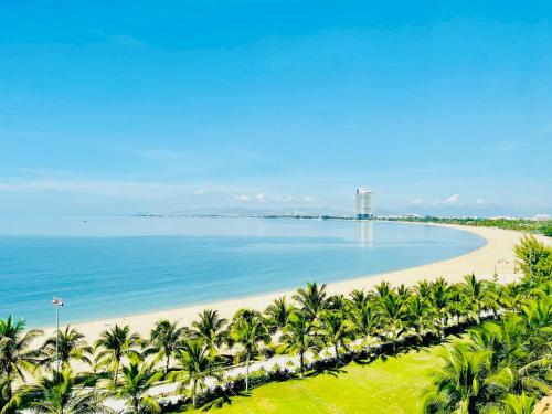 Ninh HảiHotel Aloha 2的享有棕榈树海滩和大海的空中景致