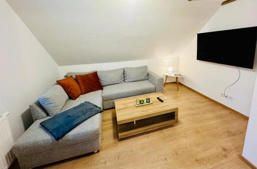 巴特哈尔茨堡FeWo Bergahorn mit Wintergarten的带沙发和平面电视的客厅