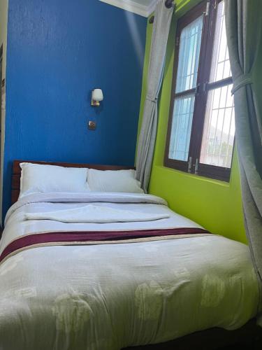 班迪普尔Bandipur Samira Homestay - Experience the Best for Less的蓝色客房的一张床位,设有窗户