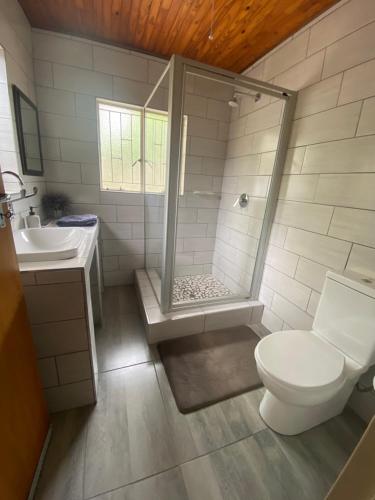 玛洛斯帕克Milkwood Holiday Home的带淋浴、卫生间和盥洗盆的浴室