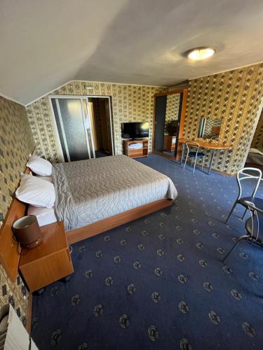 多斯帕特Хотел ПАНОРАМА ДОСПАТ的酒店客房设有一张大床和一张书桌。