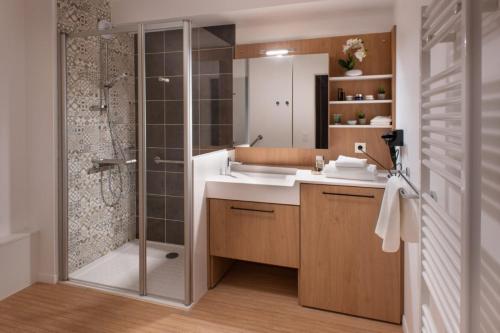 阿谢尔DOMITYS L'ALLIACEE的带淋浴、盥洗盆和镜子的浴室