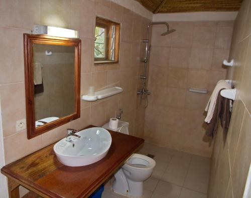 MbodièneAuberge Plein Soleil的一间带水槽、卫生间和镜子的浴室