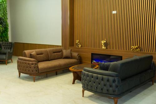 伊斯坦布尔The Hera Business Hotels & Spa的客厅设有两张沙发和一个壁炉