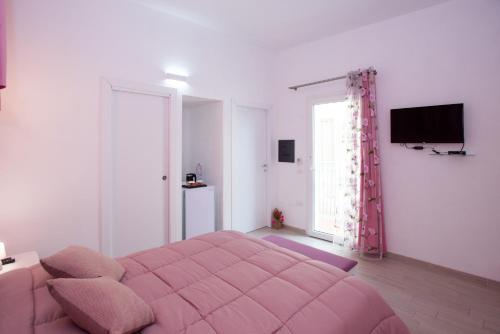 多穆斯德马里亚Affittacamere LE RONDINI的卧室配有粉红色的床和电视。