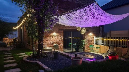AwoingtGARY Suite - Studio Cosy, Spa et jardin privatif à 4 min de Cambrai的后院,有紫色的网挂在房子里