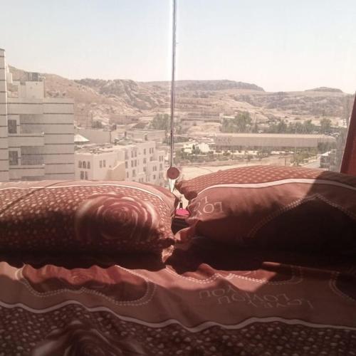 瓦迪穆萨Petra inbox Hostel的床上的2个枕头享有城市美景