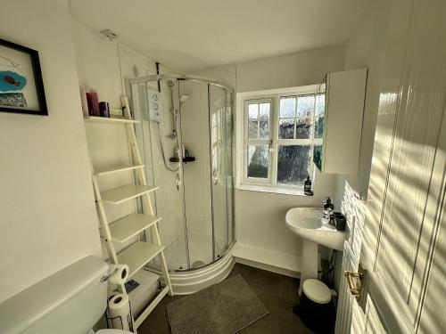 伦敦3 Bedroom House 2 stops from London Bridge的带淋浴和盥洗盆的浴室