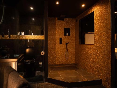 沙尔姆Douceur du Charme - Love-room à Charmes entre Epinal et nancy的一间带淋浴的浴室和瓷砖墙