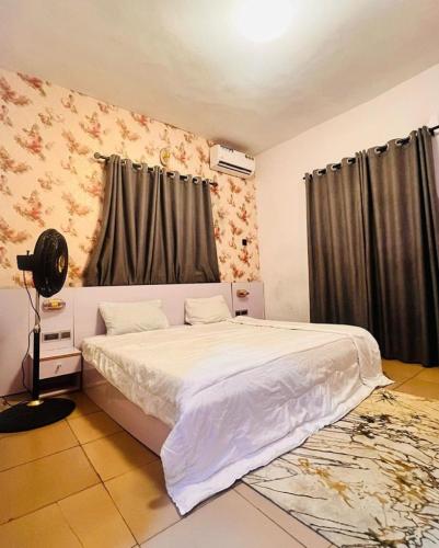 拉各斯Petra Homes B的卧室配有白色的床和窗户。