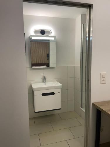 苏黎世Nani City Hotel的白色的浴室设有水槽和淋浴。