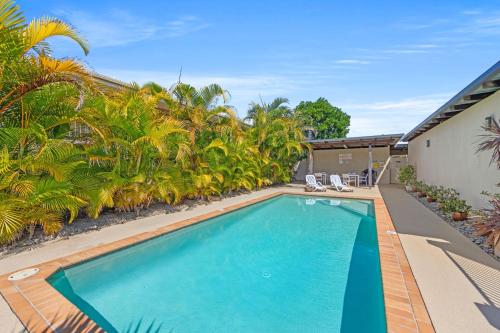波茨维尔达波茨维尔海滩汽车旅馆的一个带椅子的游泳池,棕榈树